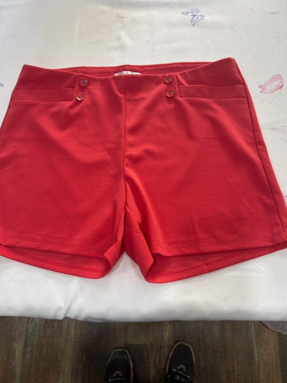 High-Waist Red Stretch Shorts with Button Detail